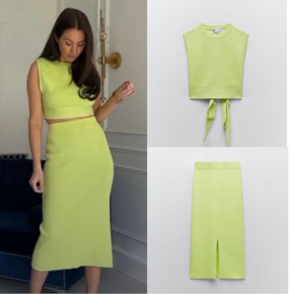 Zara Neon Lime Green Knit Midi Skirt